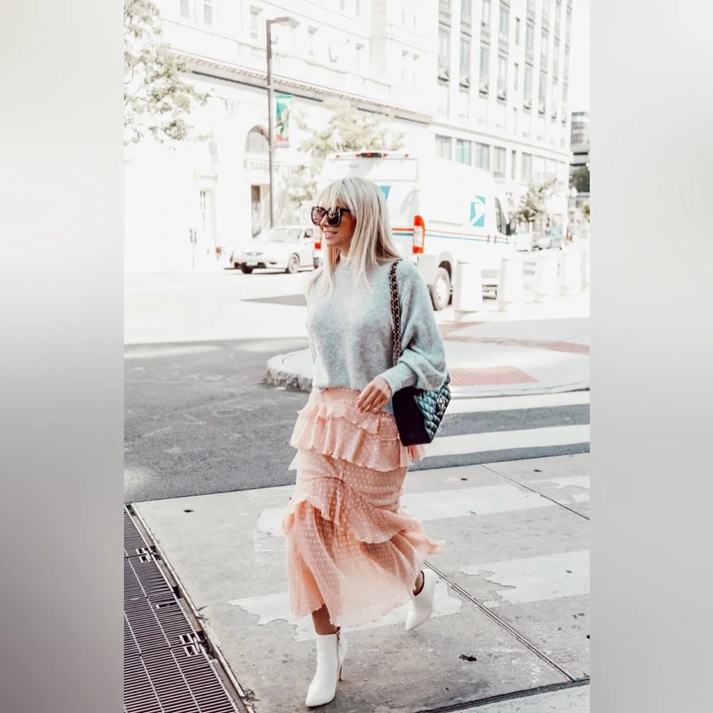 Song of Style Ada Midi Ruffle Skirt in Pink Blush | REVOLVE Size Medium